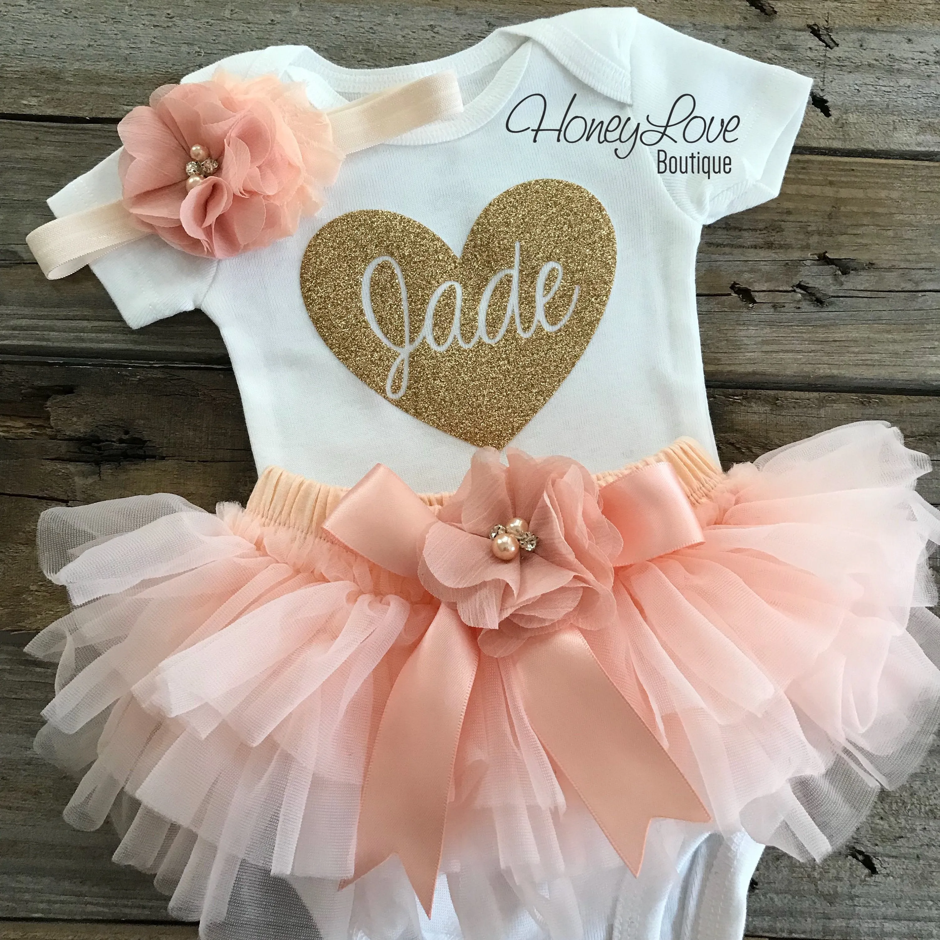 PERSONALIZED Name inside Heart - Gold glitter and Peach - embellished tutu skirt bloomer