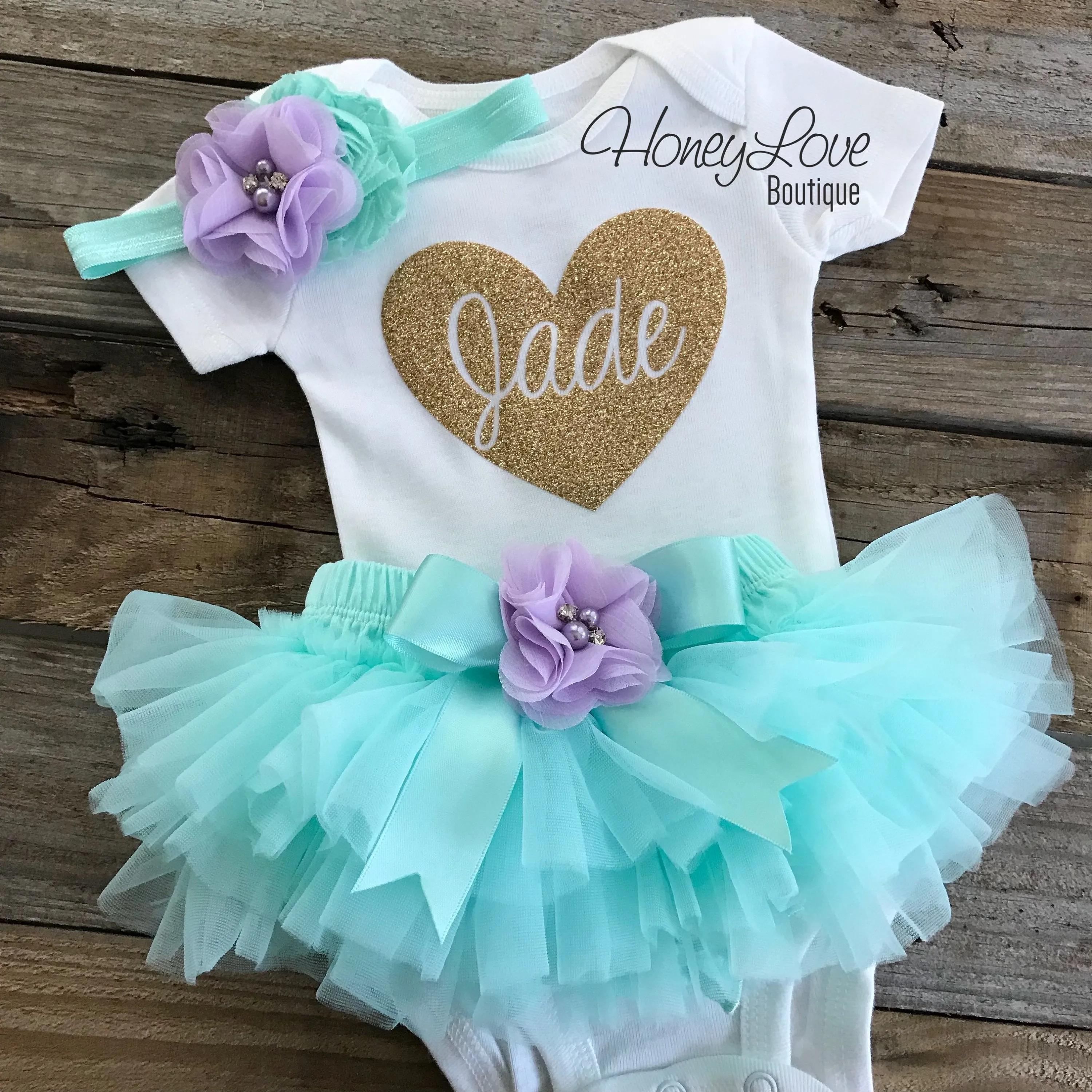 PERSONALIZED Name inside Heart - Gold Glitter, Mint/Aqua and Lavender Purple