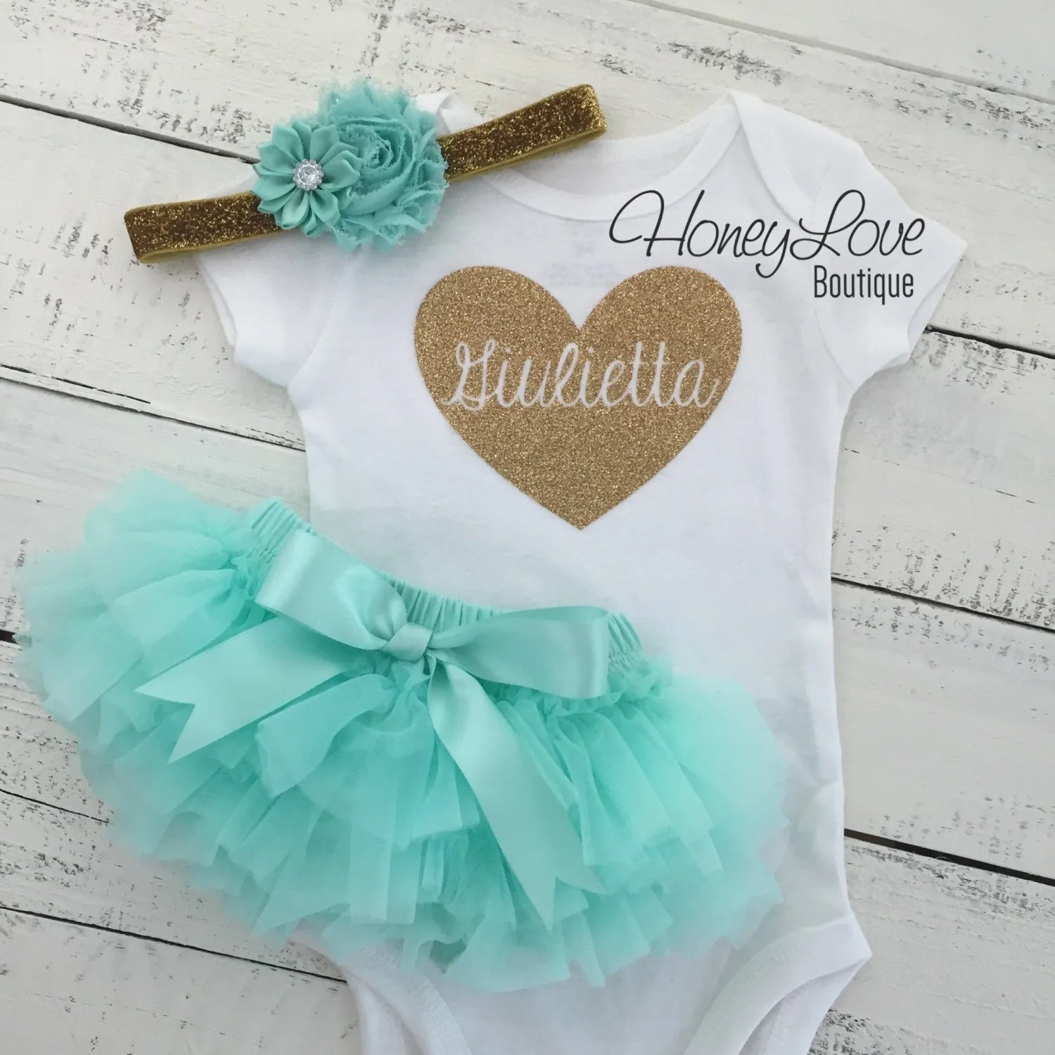 PERSONALIZED Name inside Heart - Gold/Silver Glitter and Mint/Aqua