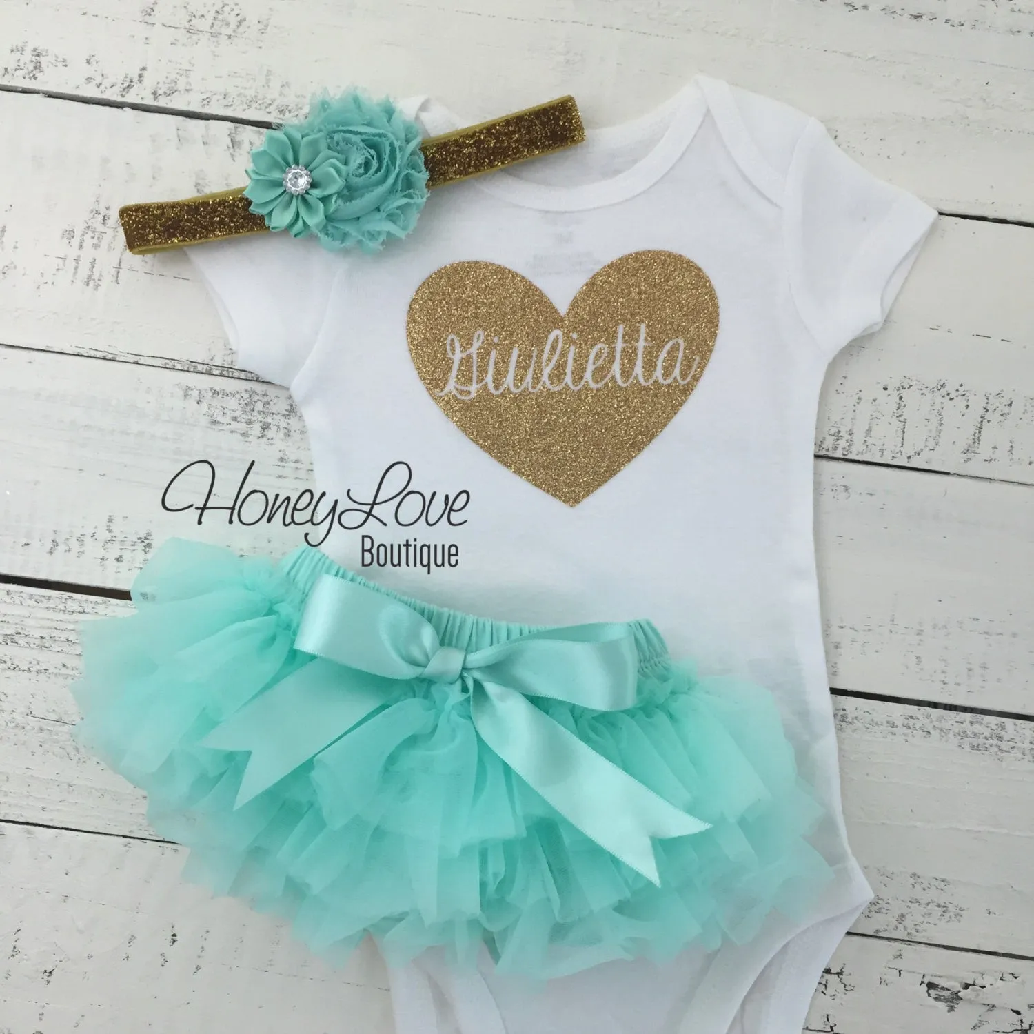 PERSONALIZED Name inside Heart - Gold/Silver Glitter and Mint/Aqua