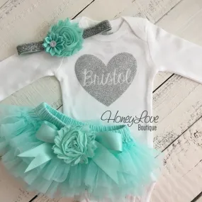 PERSONALIZED Name inside Heart - Silver Glitter and Mint/Aqua - Embellished tutu skirt bloomers