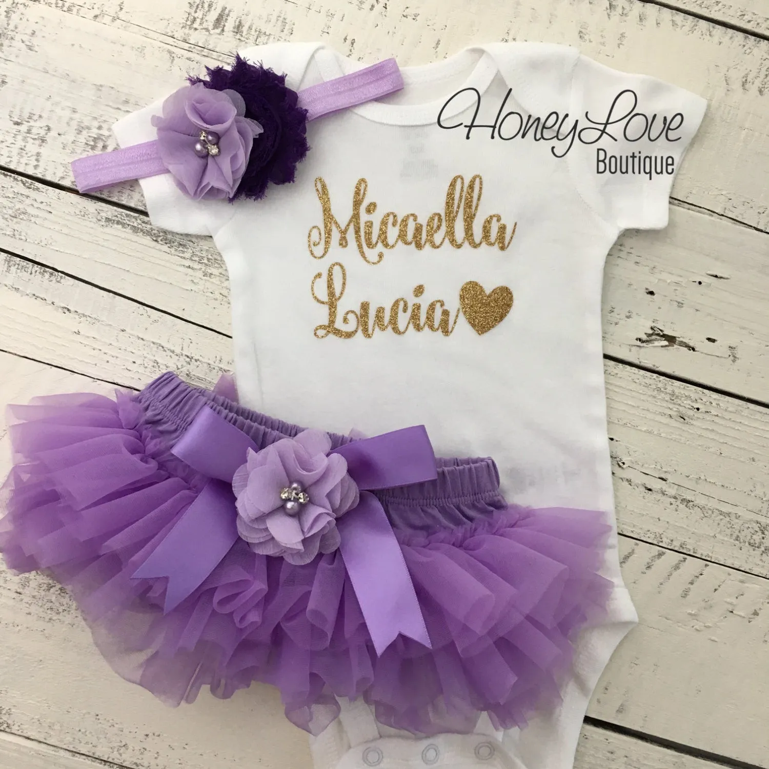 PERSONALIZED Name Outfit - Gold Glitter and Lavender Purple - embellished bloomers