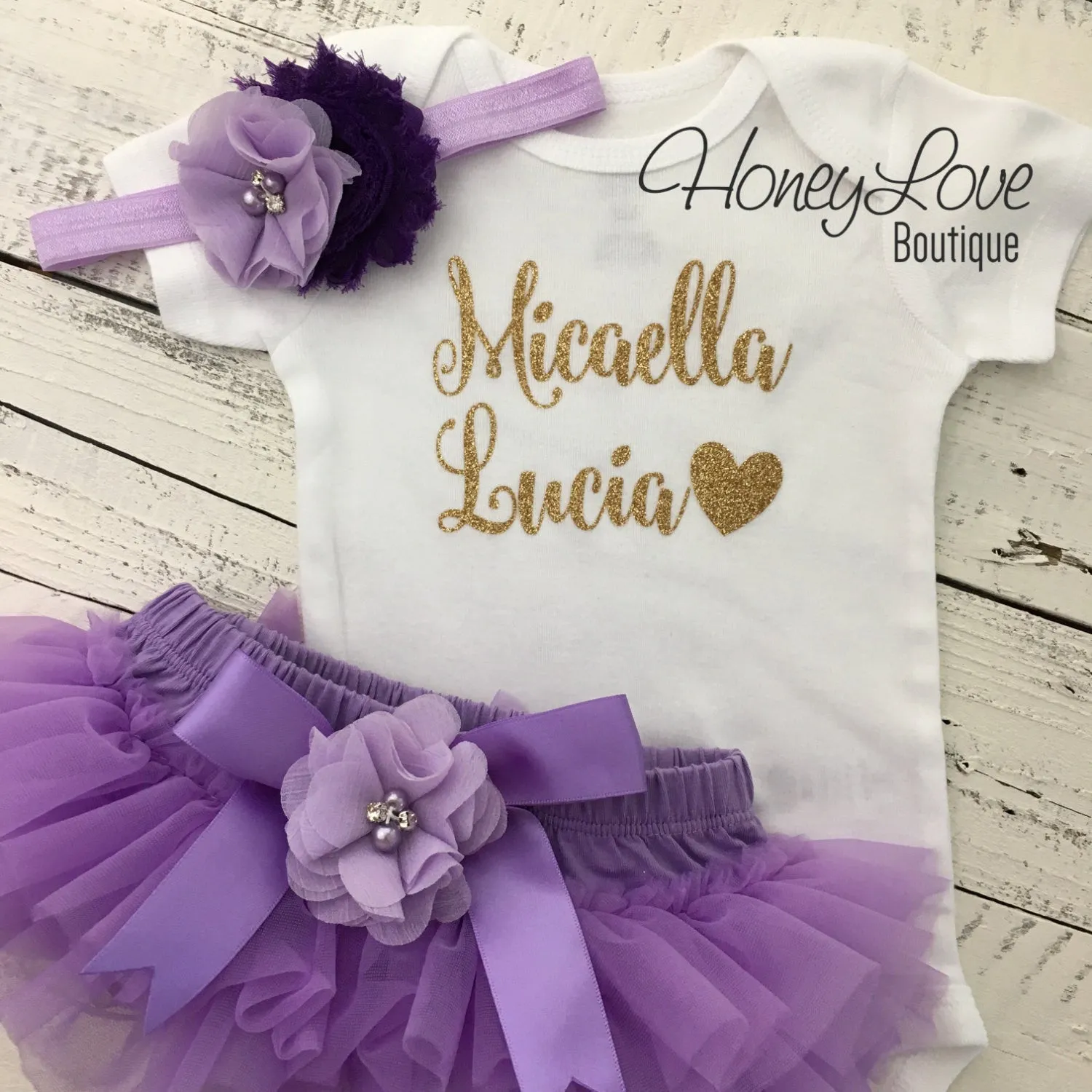 PERSONALIZED Name Outfit - Gold Glitter and Lavender Purple - embellished bloomers