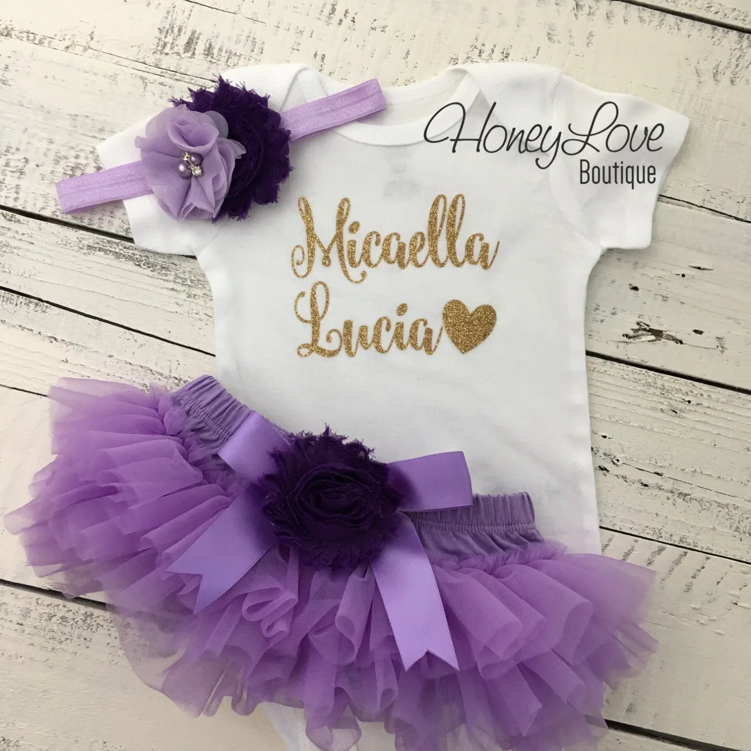 PERSONALIZED Name Outfit - Gold Glitter and Lavender/Grape Purple - embellished bloomers