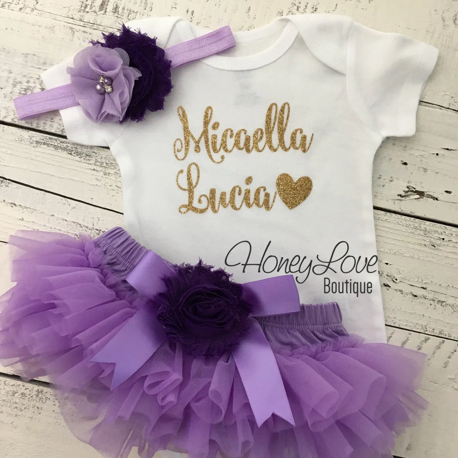 PERSONALIZED Name Outfit - Gold Glitter and Lavender/Grape Purple - embellished bloomers