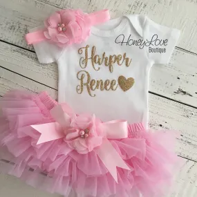 PERSONALIZED Name Outfit - Gold Glitter and Light Pink - Embellished bloomers