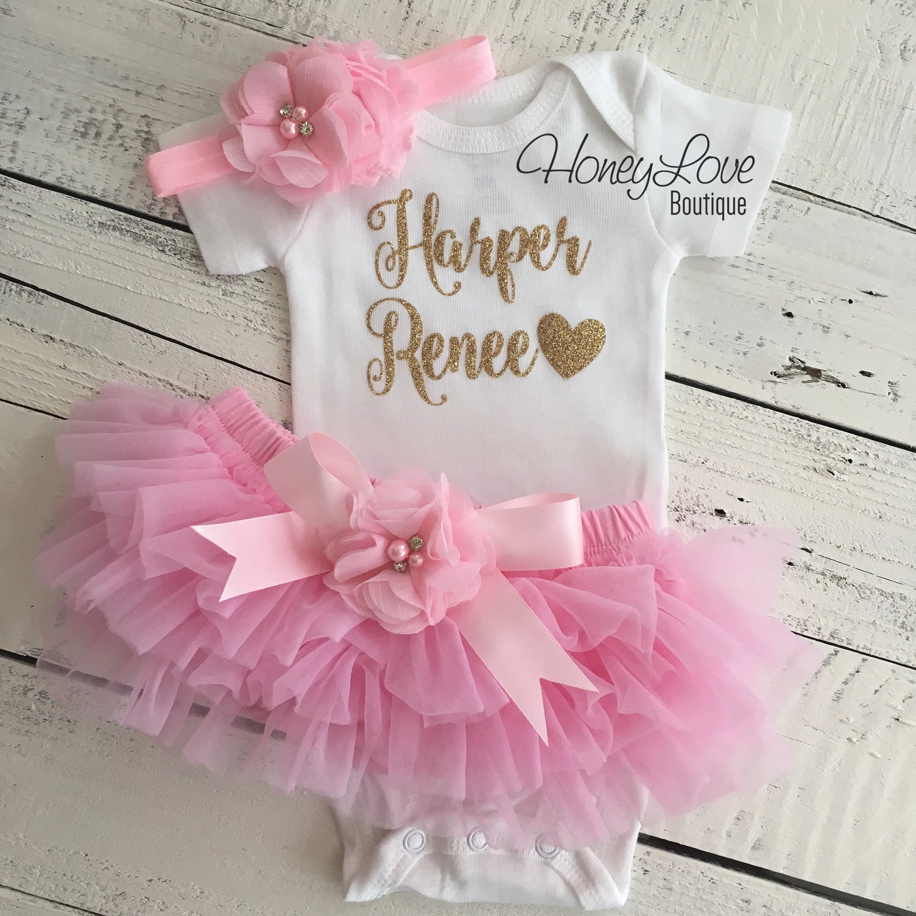 PERSONALIZED Name Outfit - Gold Glitter and Light Pink - Embellished bloomers