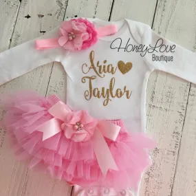 PERSONALIZED Name Outfit - Gold Glitter and Light Pink - Embellished bloomers