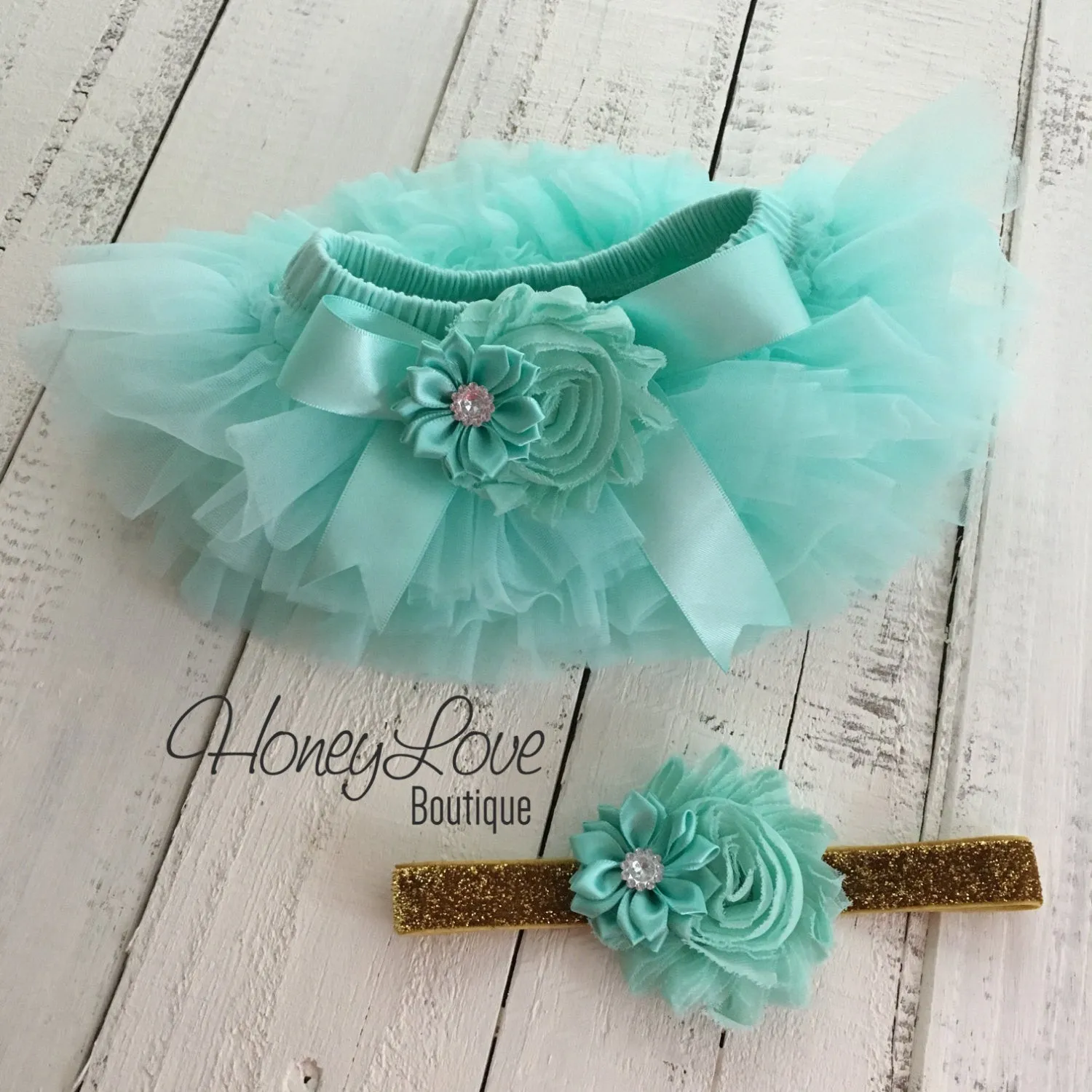 PERSONALIZED Name Outfit - Gold Glitter and Mint/Aqua - Embellished bloomers