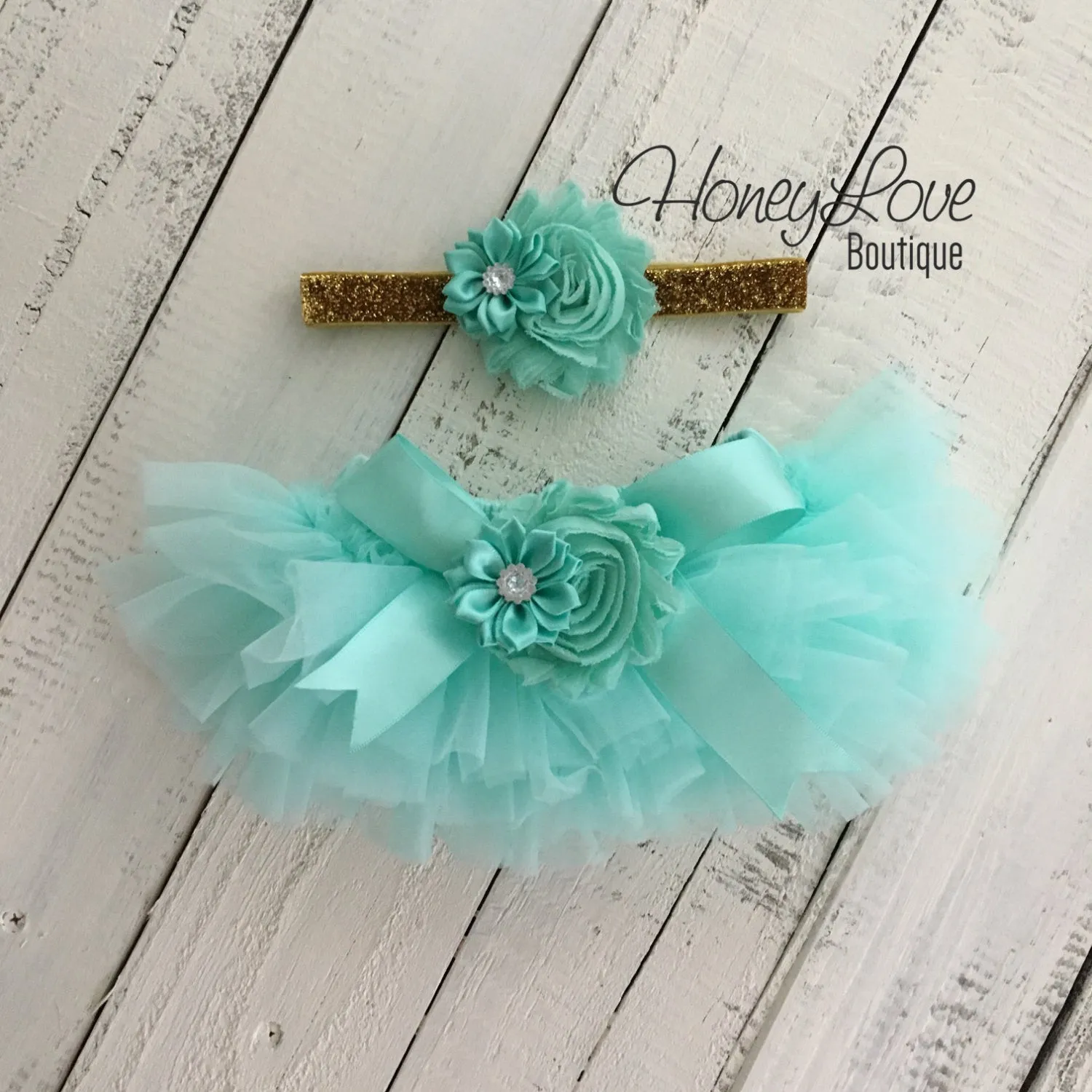 PERSONALIZED Name Outfit - Gold Glitter and Mint/Aqua - Embellished bloomers