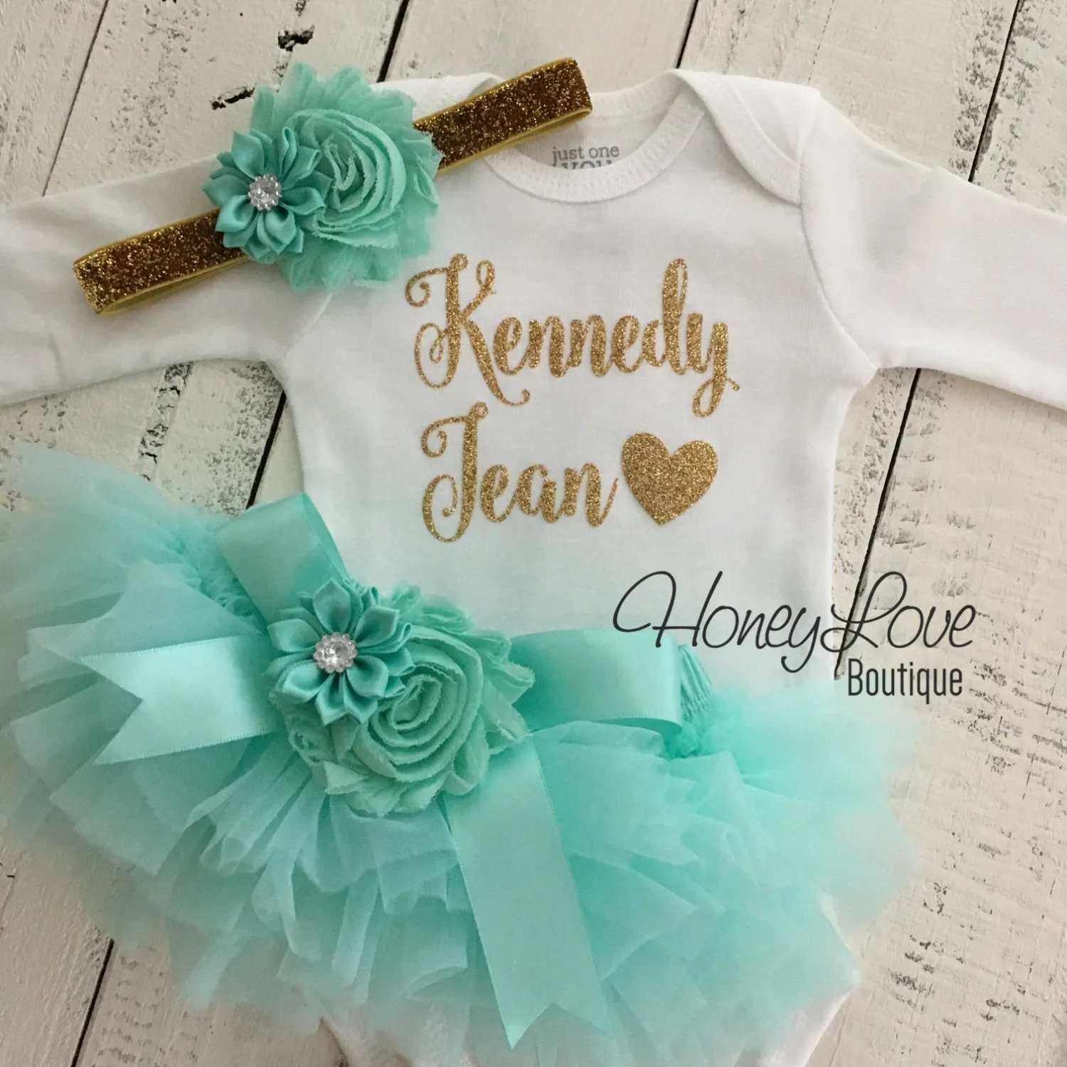 PERSONALIZED Name Outfit - Gold Glitter and Mint/Aqua - Embellished bloomers