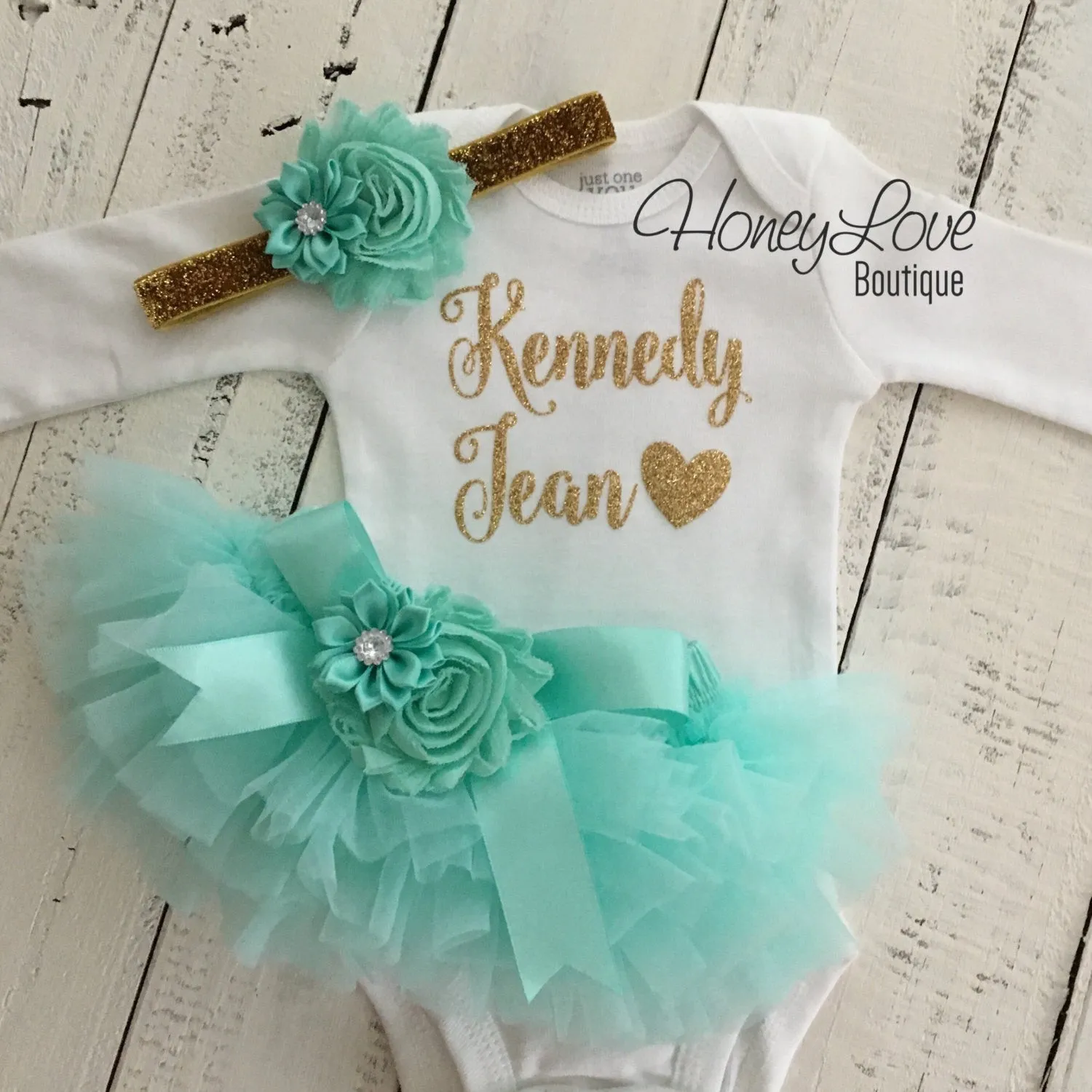 PERSONALIZED Name Outfit - Gold Glitter and Mint/Aqua - Embellished bloomers