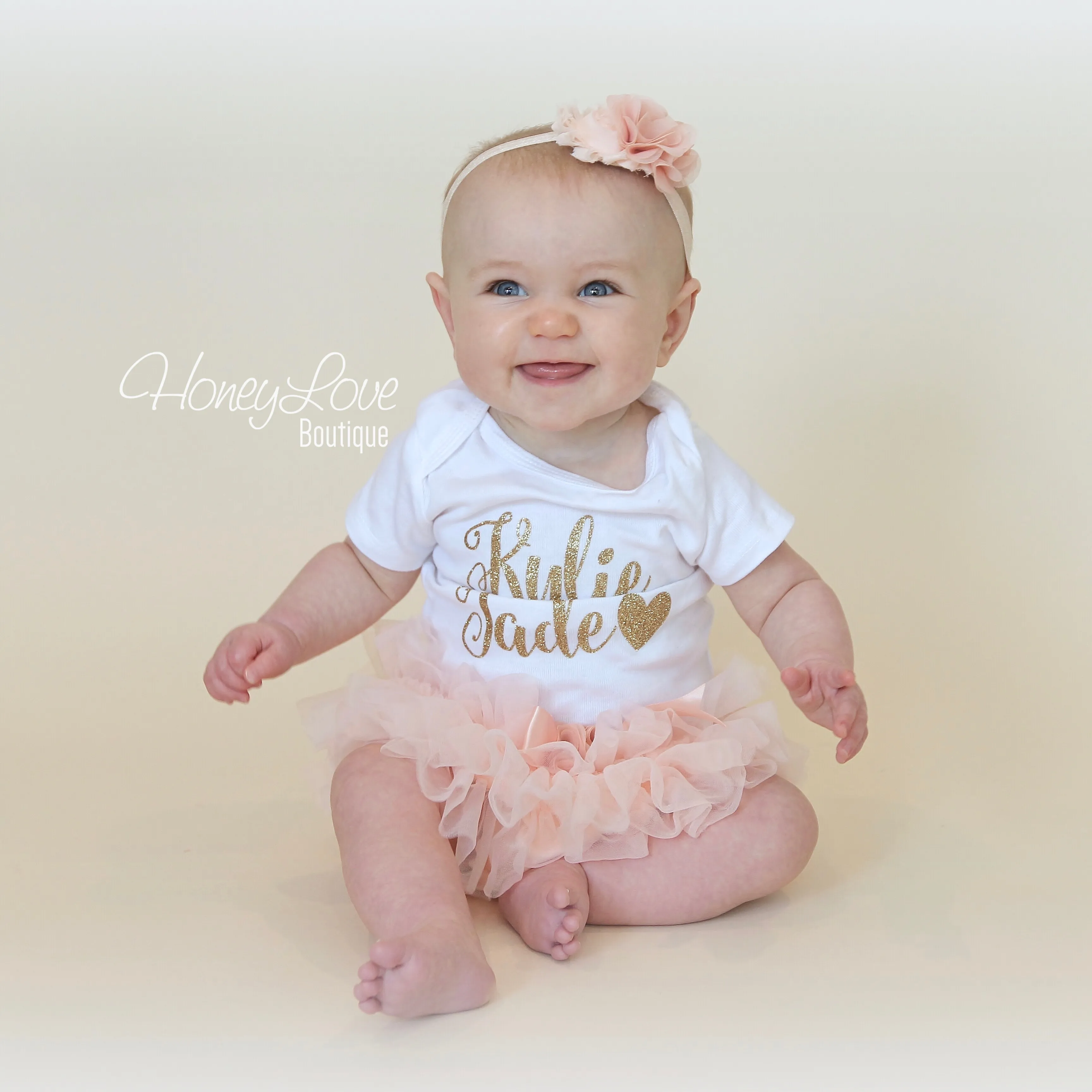 PERSONALIZED Name Outfit - Gold Glitter and Peach - embellished tutu skirt bloomers