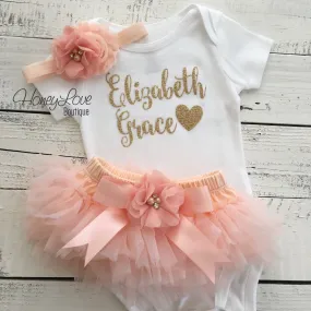 PERSONALIZED Name Outfit - Gold Glitter and Peach - embellished tutu skirt bloomers