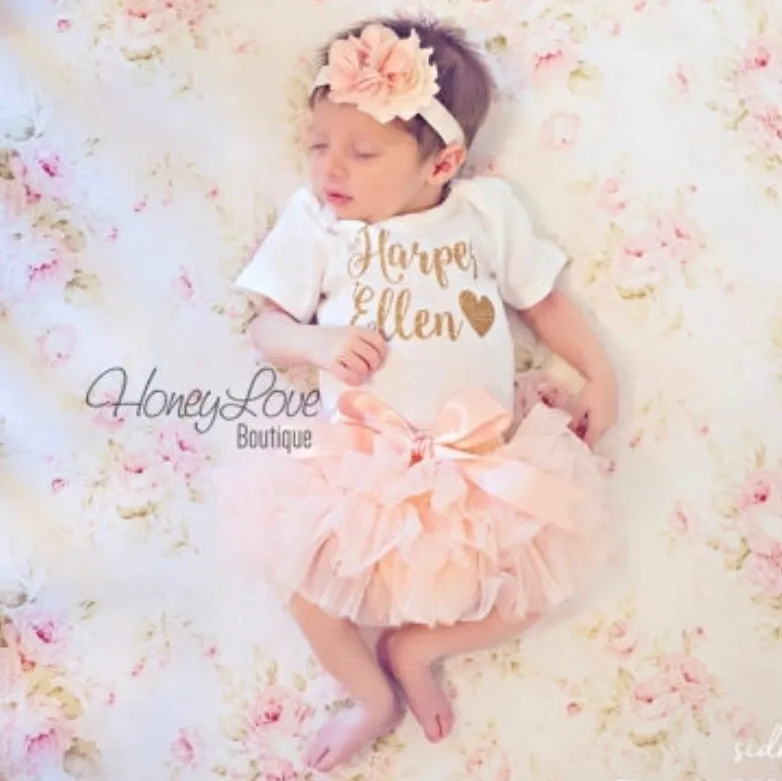 PERSONALIZED Name Outfit - Gold Glitter and Peach - embellished tutu skirt bloomers