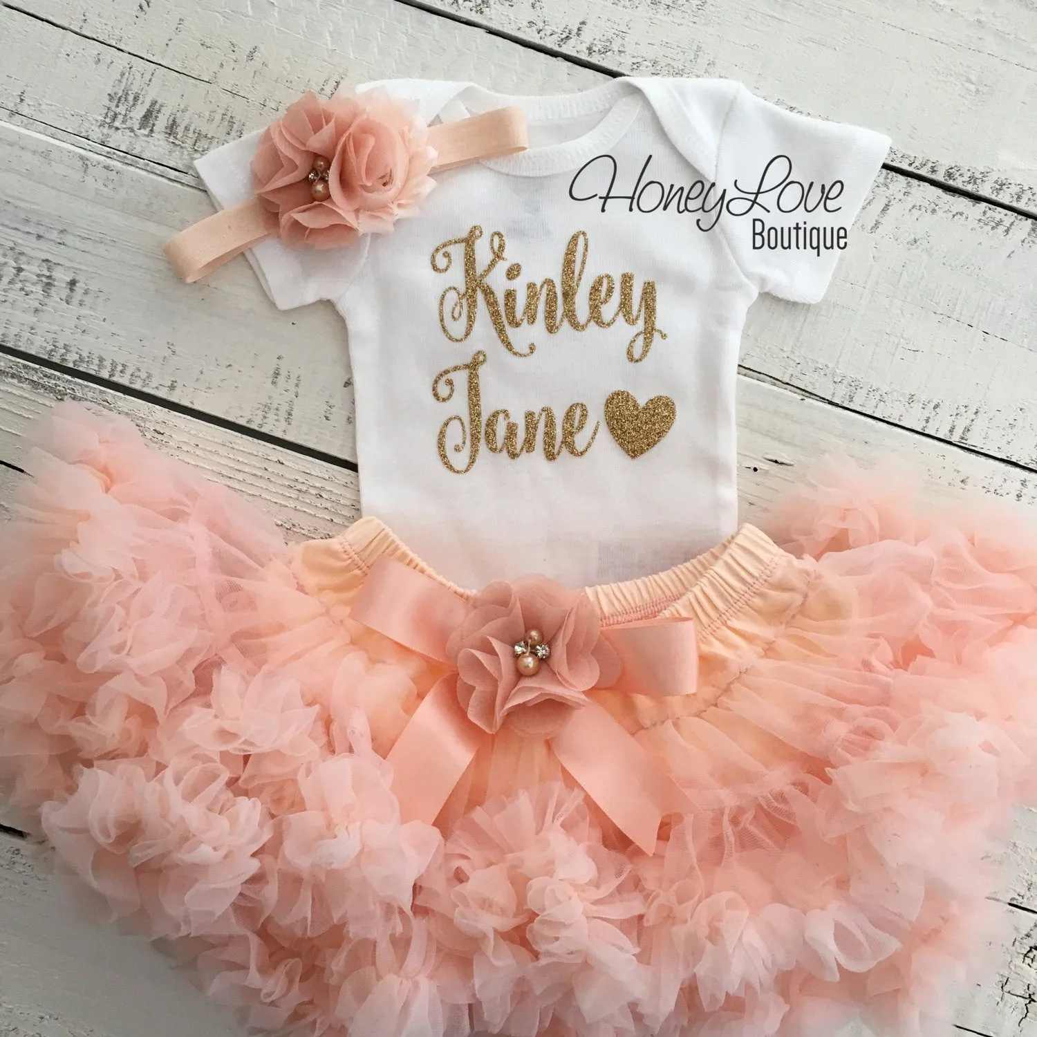 PERSONALIZED Name Outfit - Gold Glitter and Peach Pettiskirt - embellished pettiskirt