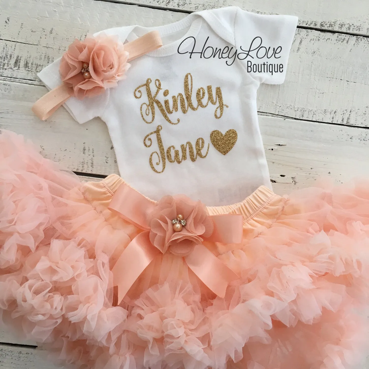 PERSONALIZED Name Outfit - Gold Glitter and Peach Pettiskirt - embellished pettiskirt