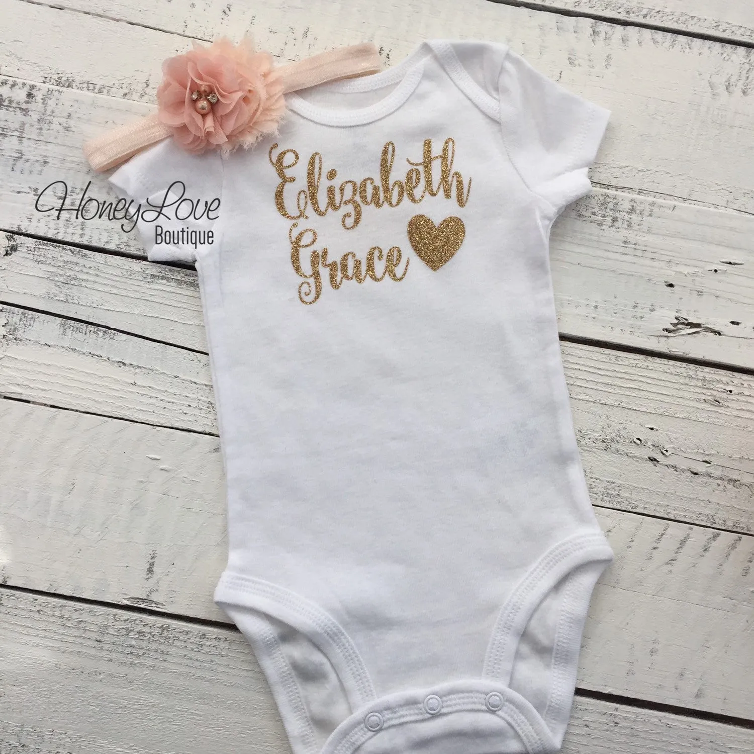 PERSONALIZED Name Outfit - Gold Glitter and Peach