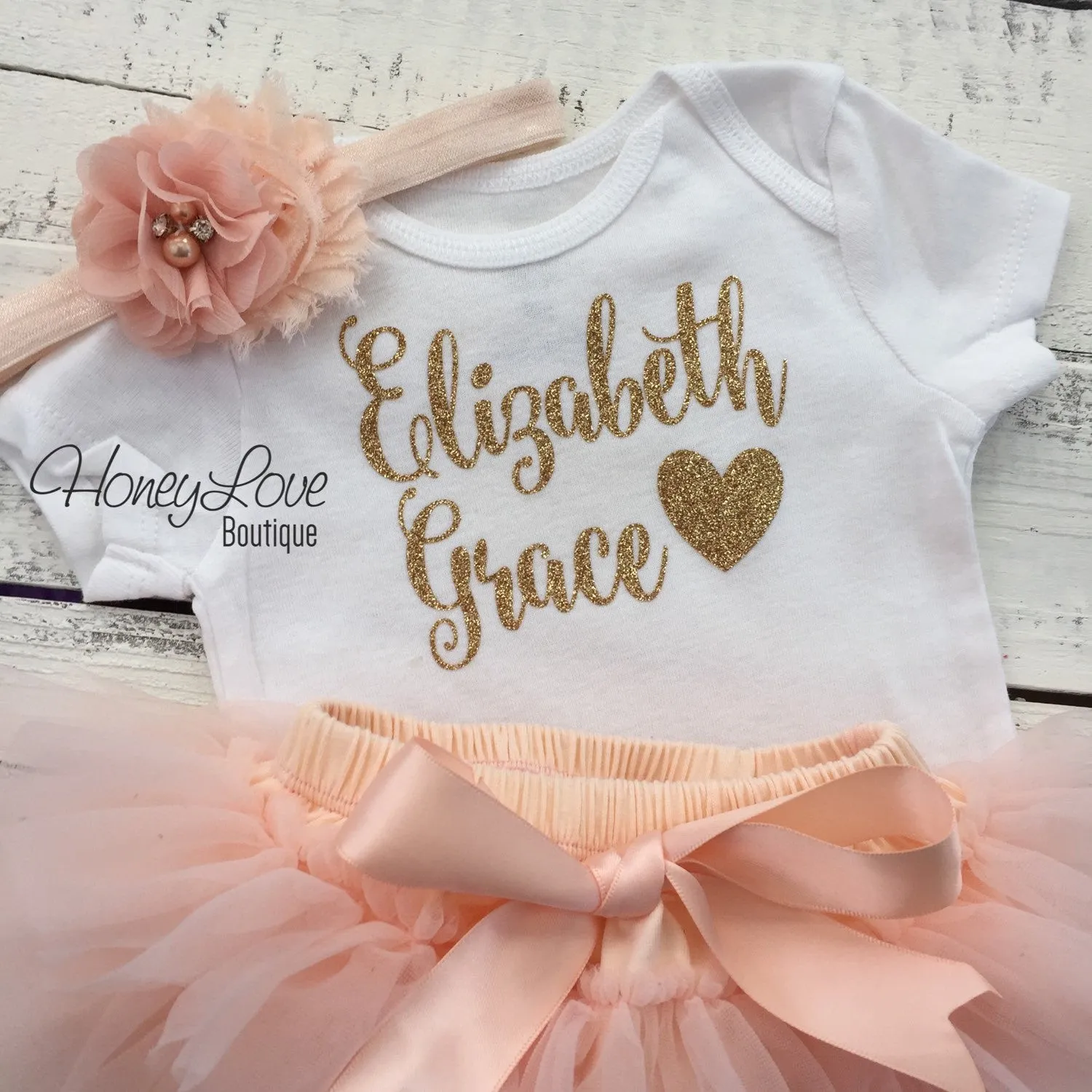 PERSONALIZED Name Outfit - Gold Glitter and Peach