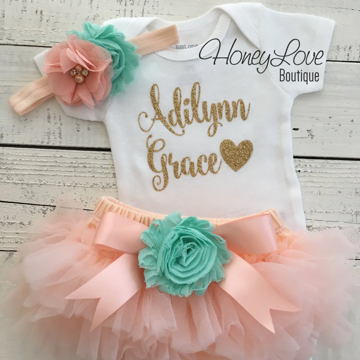 PERSONALIZED Name Outfit - Gold glitter and Peach/Mint/Aqua - embellished tutu skirt bloomers