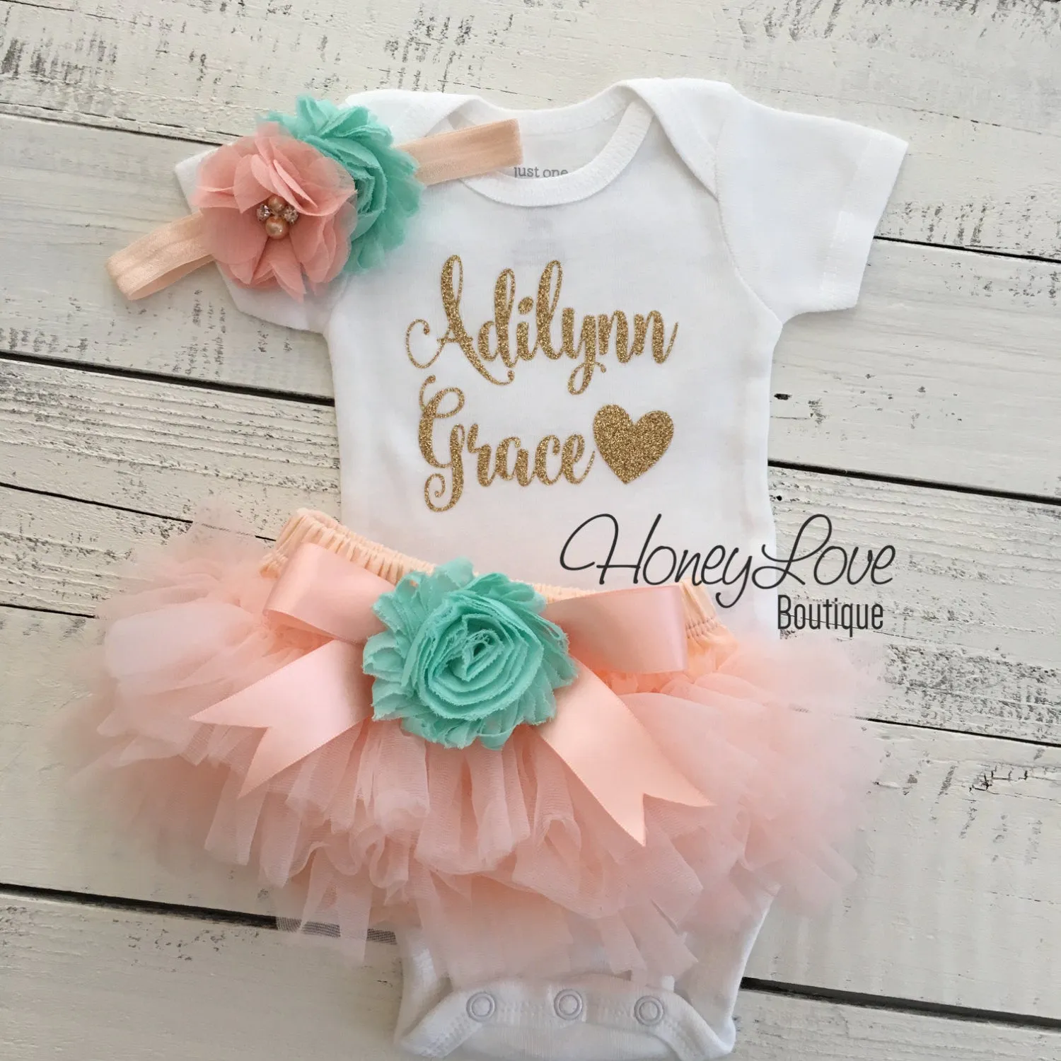 PERSONALIZED Name Outfit - Gold glitter and Peach/Mint/Aqua - embellished tutu skirt bloomers