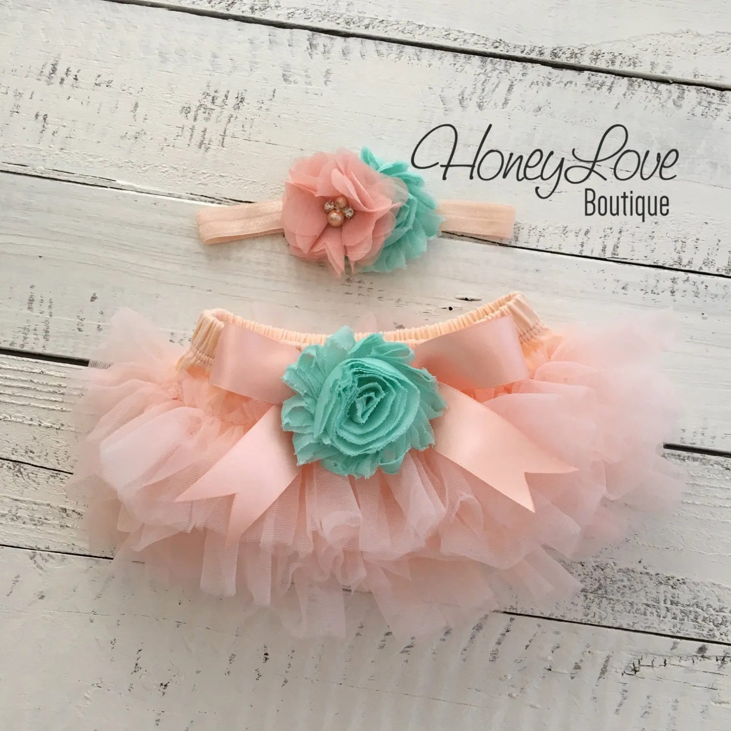 PERSONALIZED Name Outfit - Gold glitter and Peach/Mint/Aqua - embellished tutu skirt bloomers