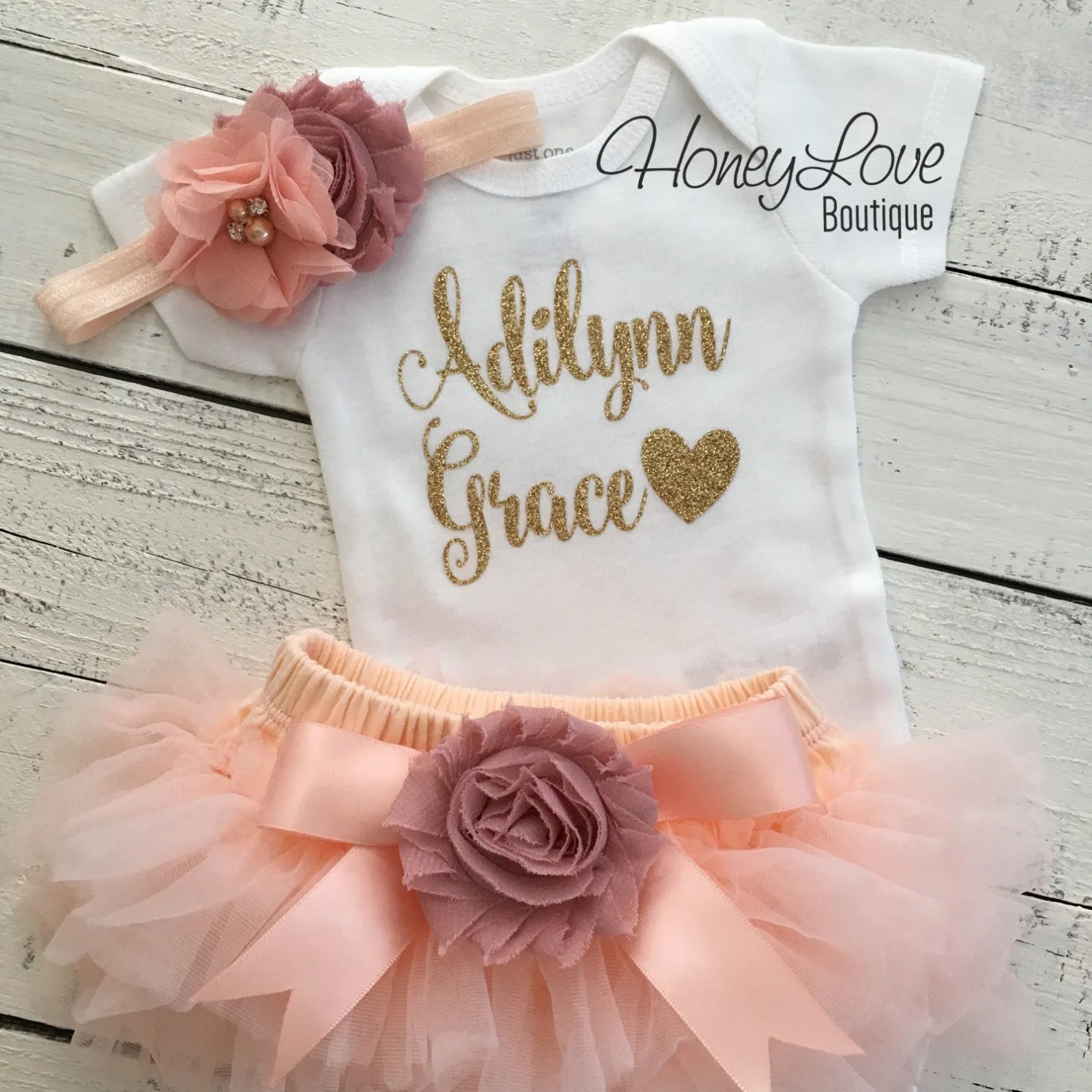 PERSONALIZED Name Outfit - Gold glitter and Peach/Vintage Pink - embellished tutu skirt bloomers