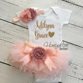 PERSONALIZED Name Outfit - Gold glitter and Peach/Vintage Pink - embellished tutu skirt bloomers