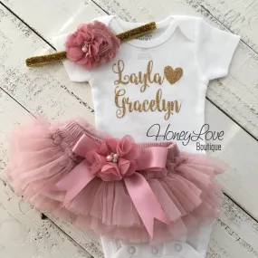 PERSONALIZED Name Outfit - Gold Glitter and Vintage Pink - Embellished tutu skirt bloomers