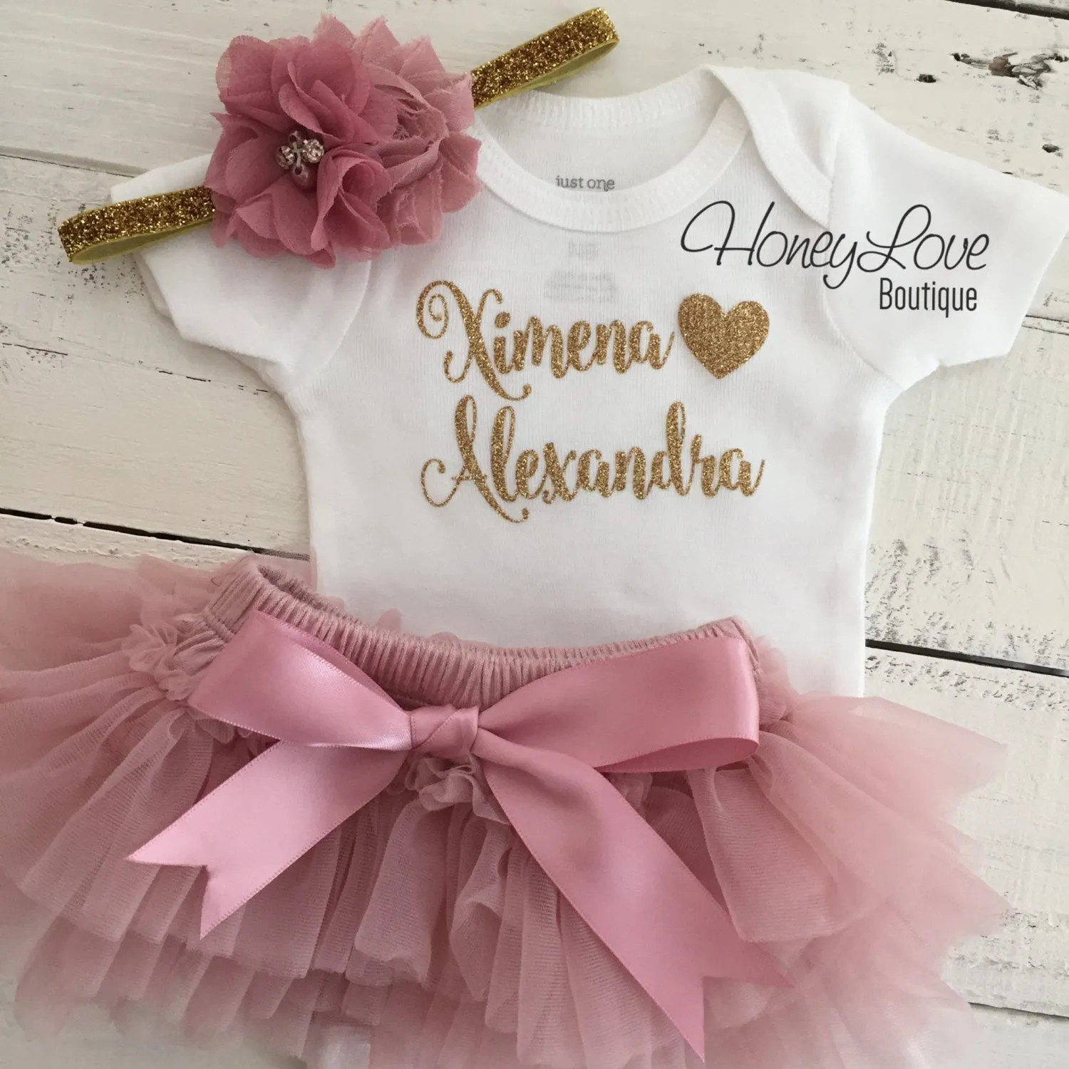 PERSONALIZED Name Outfit - Gold Glitter and Vintage Pink