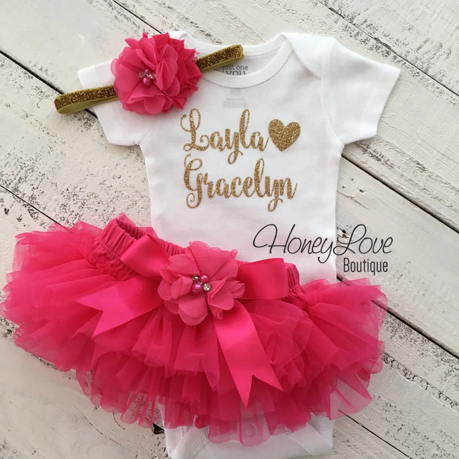 PERSONALIZED Name Outfit - Gold Glitter and Watermelon/Hot Pink - embellished bloomer