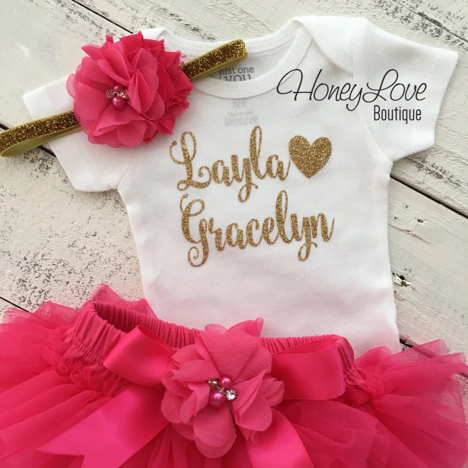 PERSONALIZED Name Outfit - Gold Glitter and Watermelon/Hot Pink - embellished bloomer