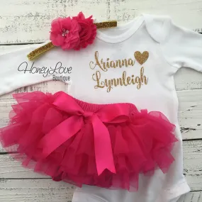 PERSONALIZED Name Outfit - Gold Glitter and Watermelon/Hot Pink