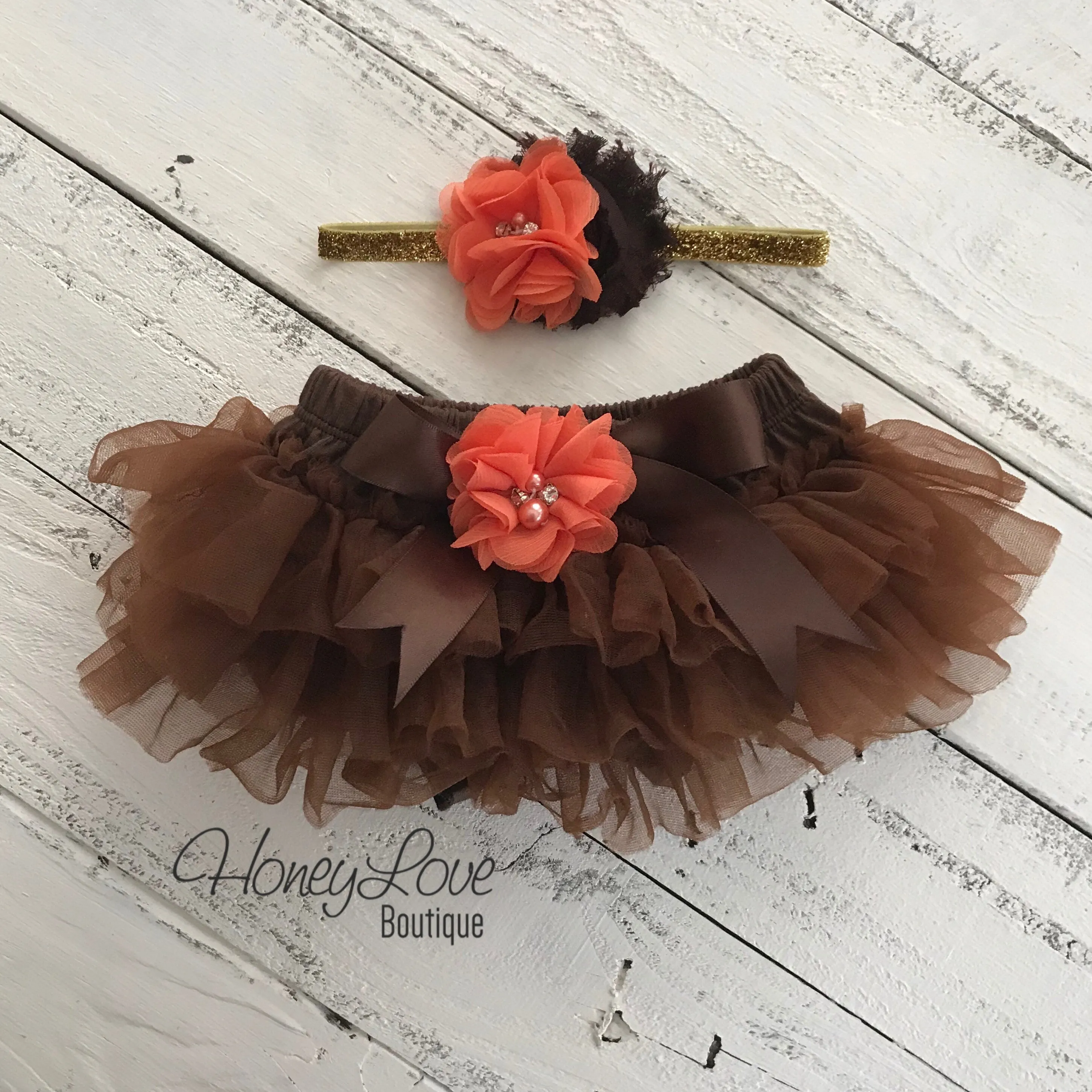 PERSONALIZED Name Outfit - Gold Glitter, Brown and Orange - embellished tutu skirt bloomers