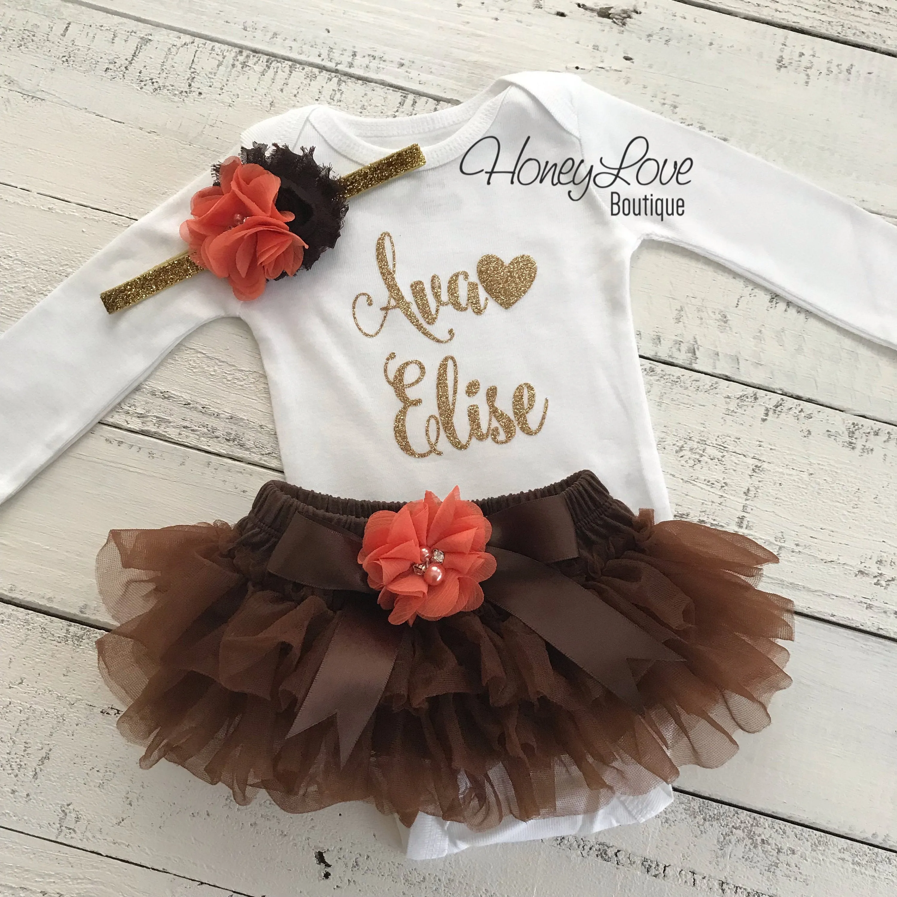 PERSONALIZED Name Outfit - Gold Glitter, Brown and Orange - embellished tutu skirt bloomers