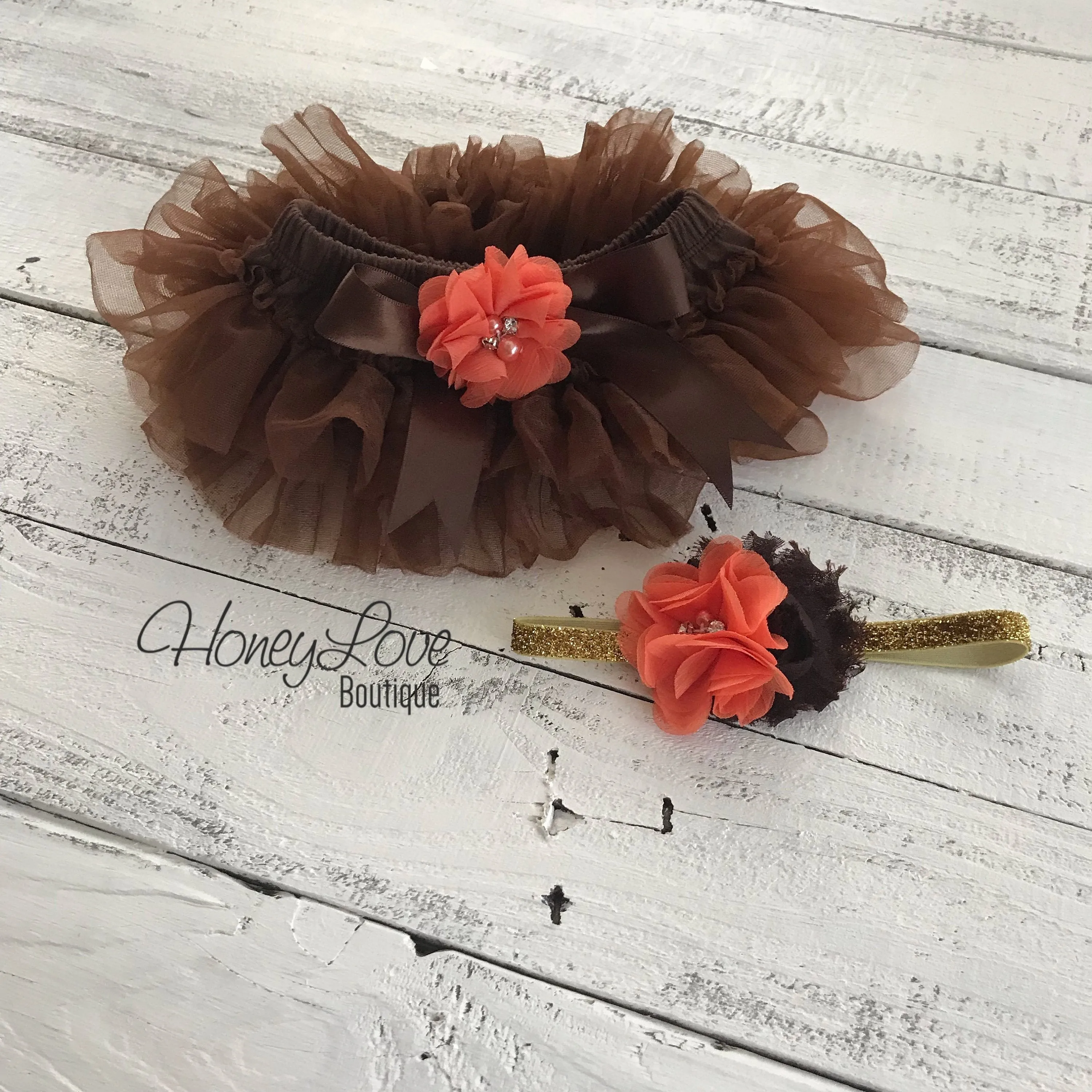 PERSONALIZED Name Outfit - Gold Glitter, Brown and Orange - embellished tutu skirt bloomers