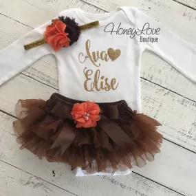 PERSONALIZED Name Outfit - Gold Glitter, Brown and Orange - embellished tutu skirt bloomers