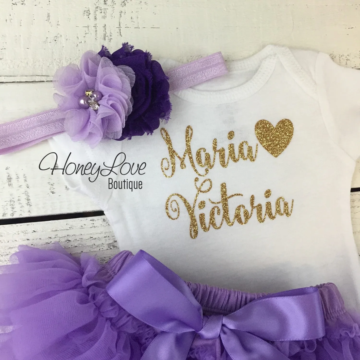 PERSONALIZED Name Outfit - Gold/Silver Glitter and Lavender Purple