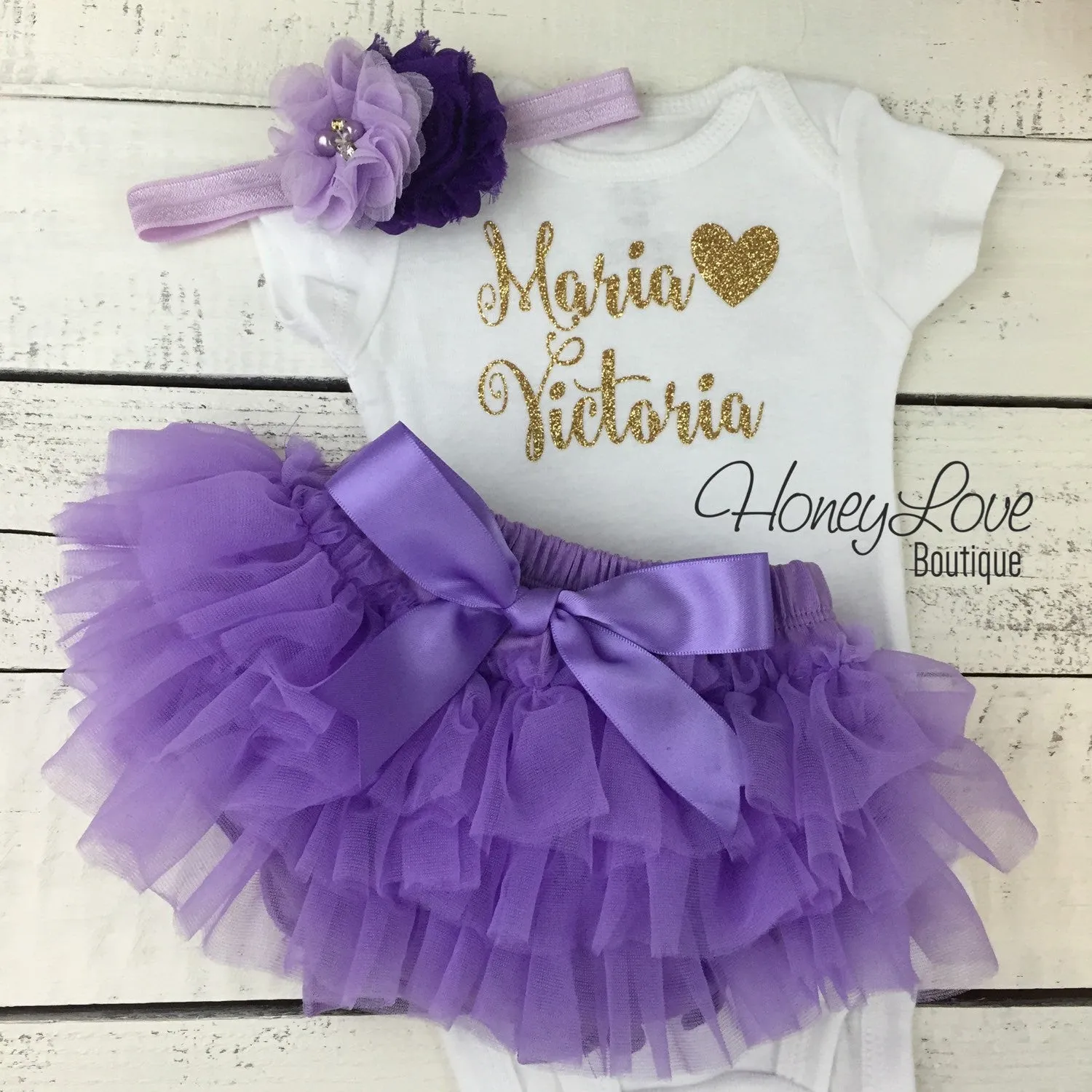 PERSONALIZED Name Outfit - Gold/Silver Glitter and Lavender Purple