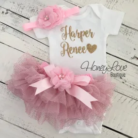 PERSONALIZED Name Outfit - Light Pink and Gold Glitter - embellished tutu skirt bloomers