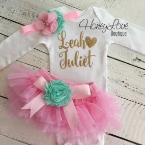 PERSONALIZED Name Outfit - Light Pink and Gold Glitter - Mint/Aqua flower embellished tutu skirt bloomers