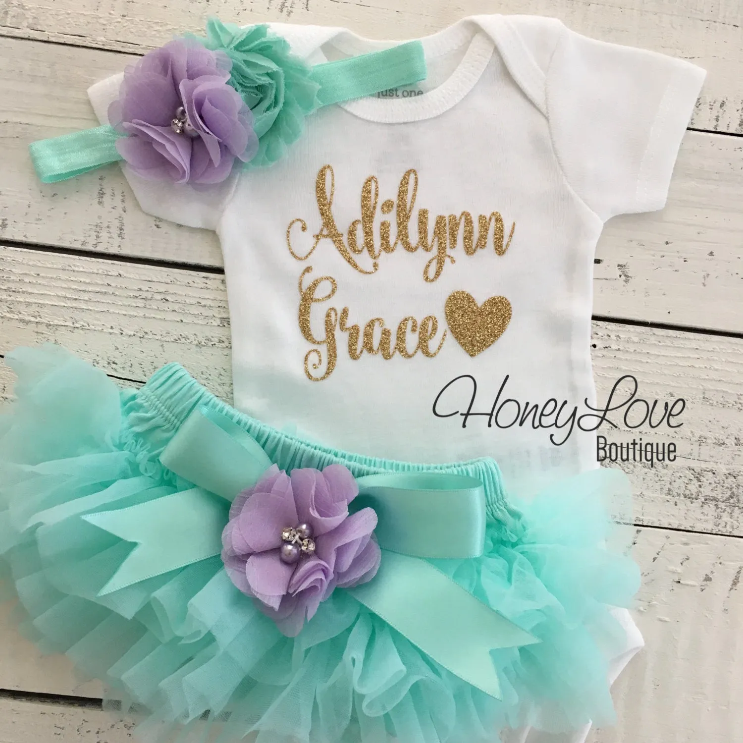 PERSONALIZED Name Outfit - Mint/Aqua and Gold Glitter - Lavender Purple flower embellished tutu skirt bloomers