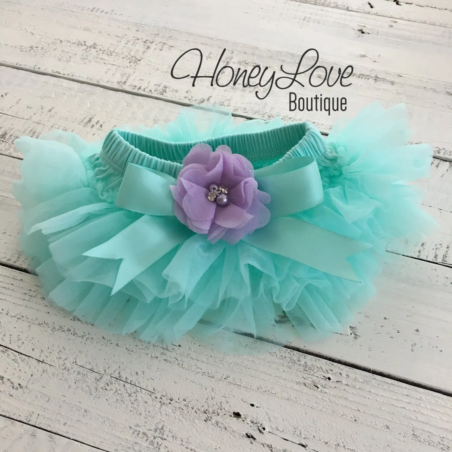 PERSONALIZED Name Outfit - Mint/Aqua and Gold Glitter - Lavender Purple flower embellished tutu skirt bloomers