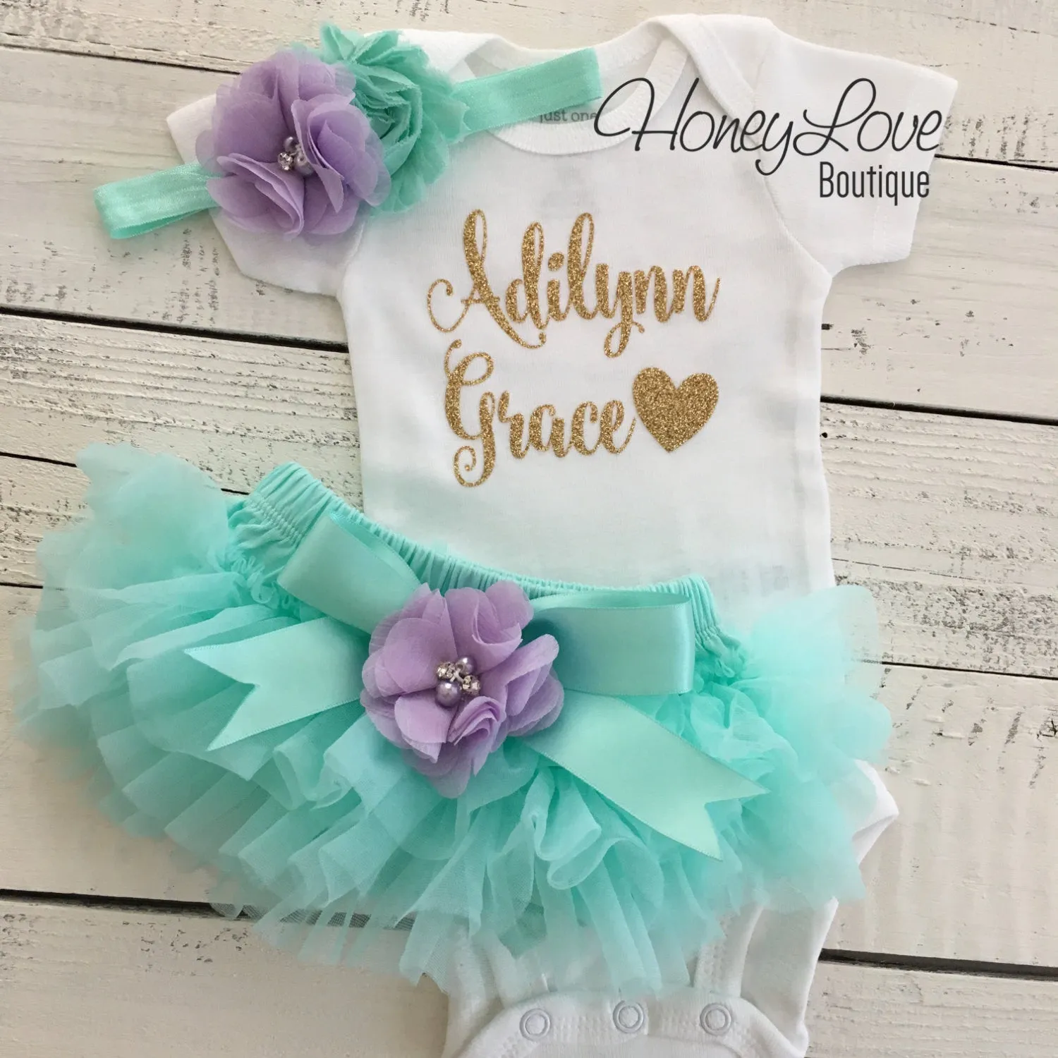 PERSONALIZED Name Outfit - Mint/Aqua and Gold Glitter - Lavender Purple flower embellished tutu skirt bloomers