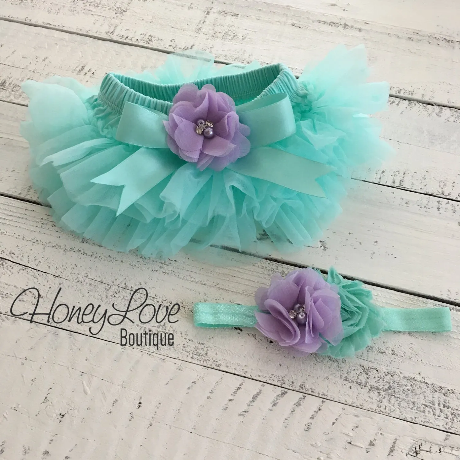 PERSONALIZED Name Outfit - Mint/Aqua and Gold Glitter - Lavender Purple flower embellished tutu skirt bloomers