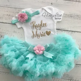 PERSONALIZED Name Outfit - Mint/Aqua and Gold Glitter - Light Pink flower embellished pettiskirt