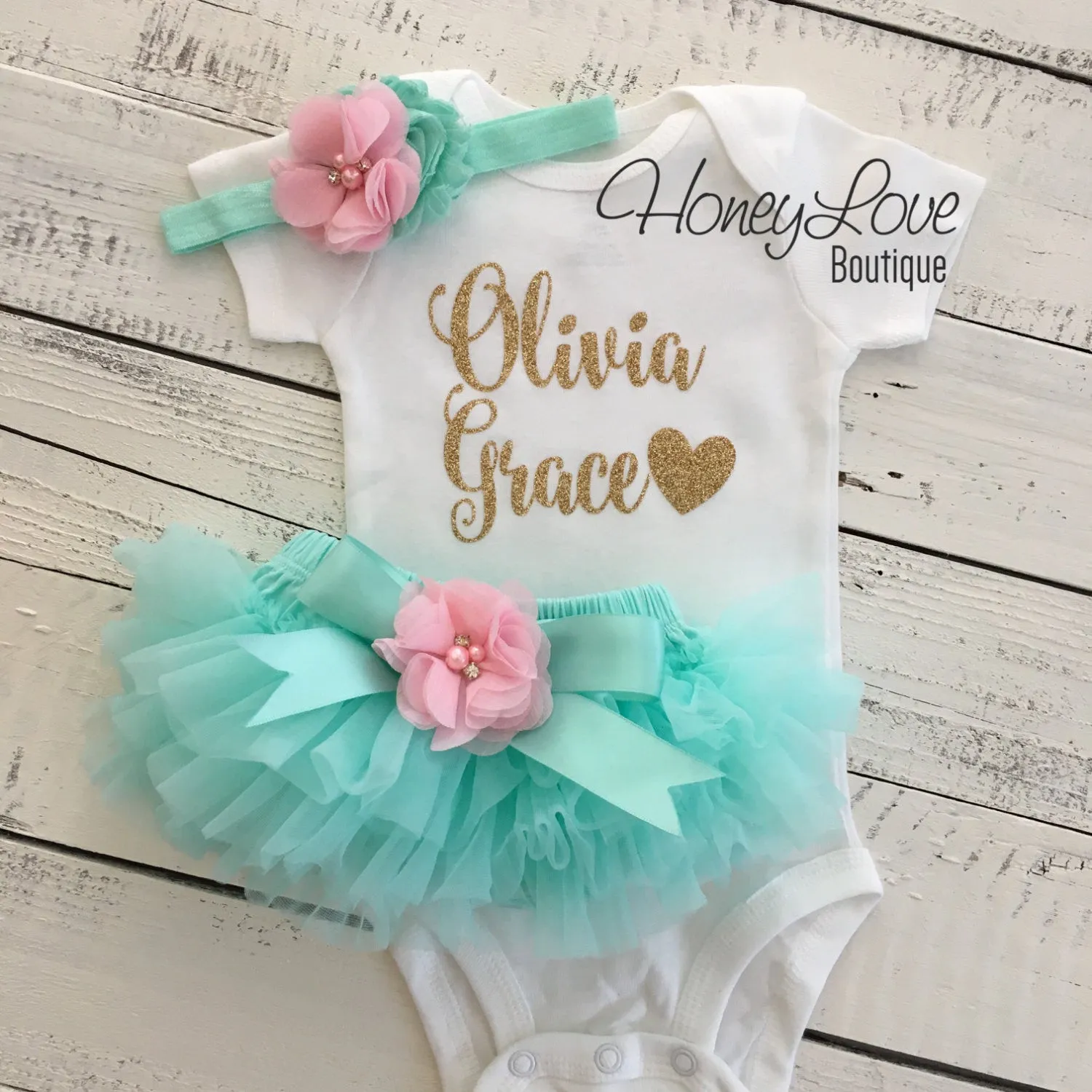 PERSONALIZED Name Outfit - Mint/Aqua and Gold Glitter - Light Pink flower embellished tutu skirt bloomers