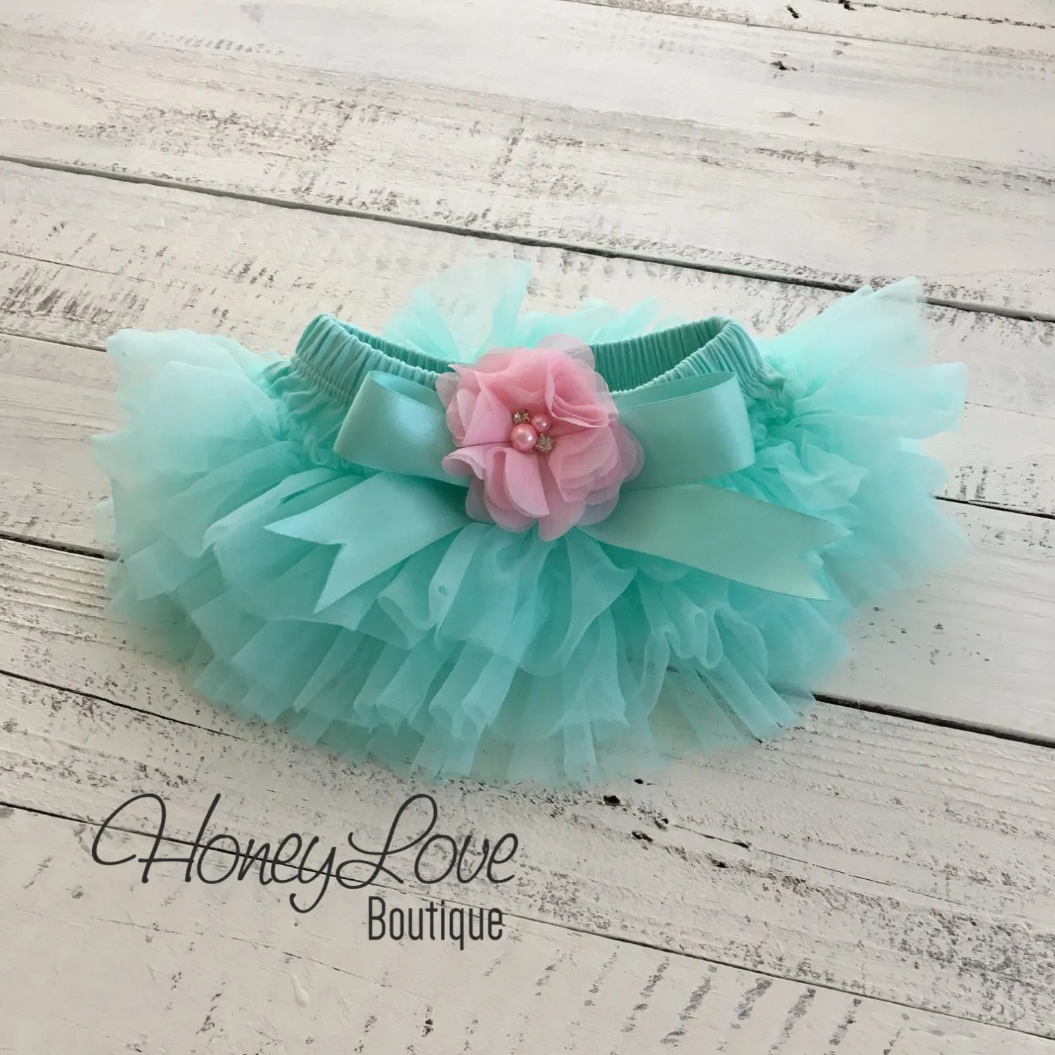 PERSONALIZED Name Outfit - Mint/Aqua and Gold Glitter - Light Pink flower embellished tutu skirt bloomers