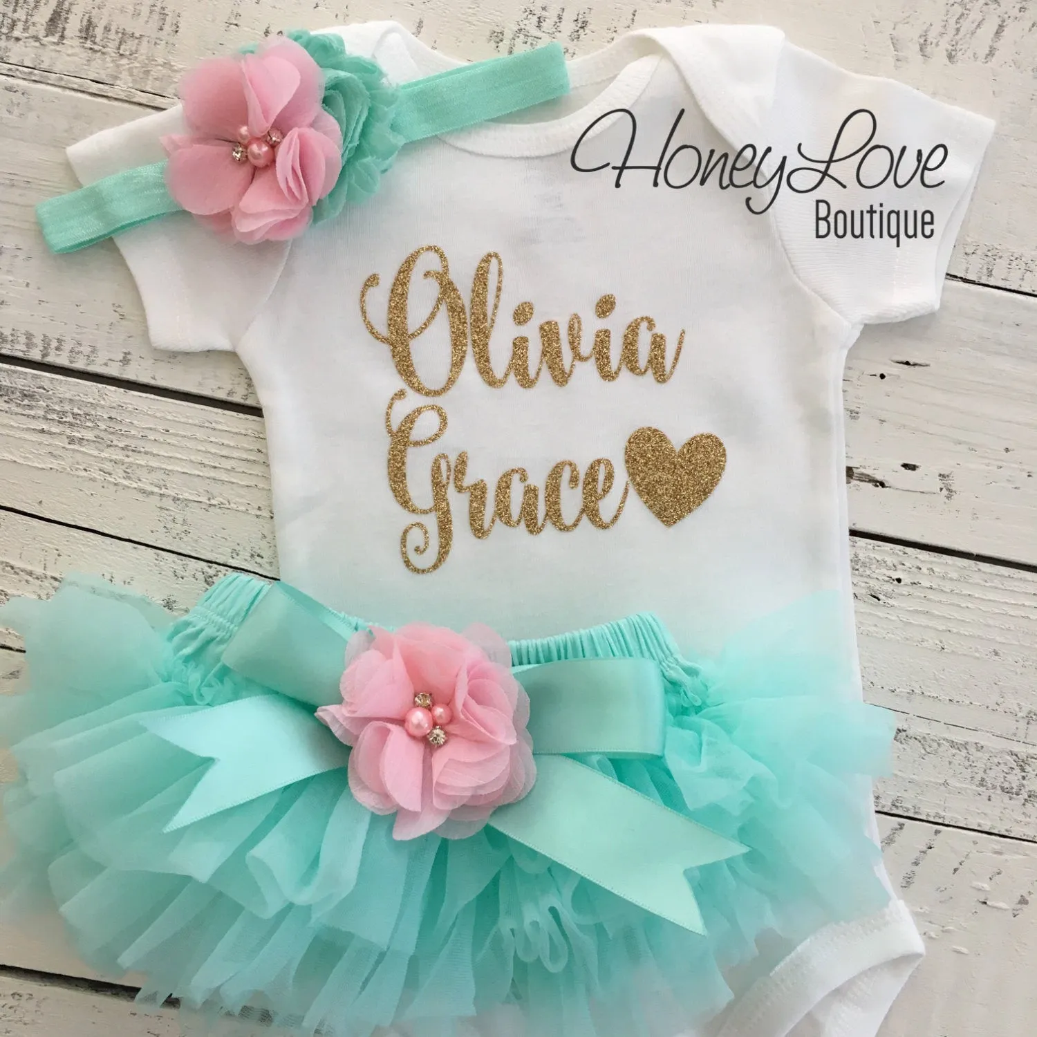 PERSONALIZED Name Outfit - Mint/Aqua and Gold Glitter - Light Pink flower embellished tutu skirt bloomers