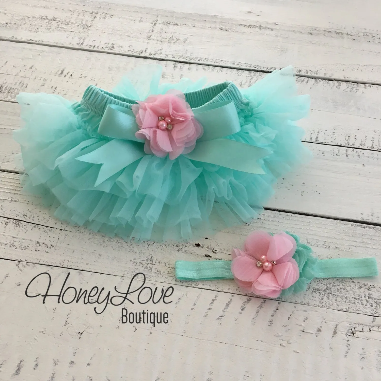 PERSONALIZED Name Outfit - Mint/Aqua and Gold Glitter - Light Pink flower embellished tutu skirt bloomers